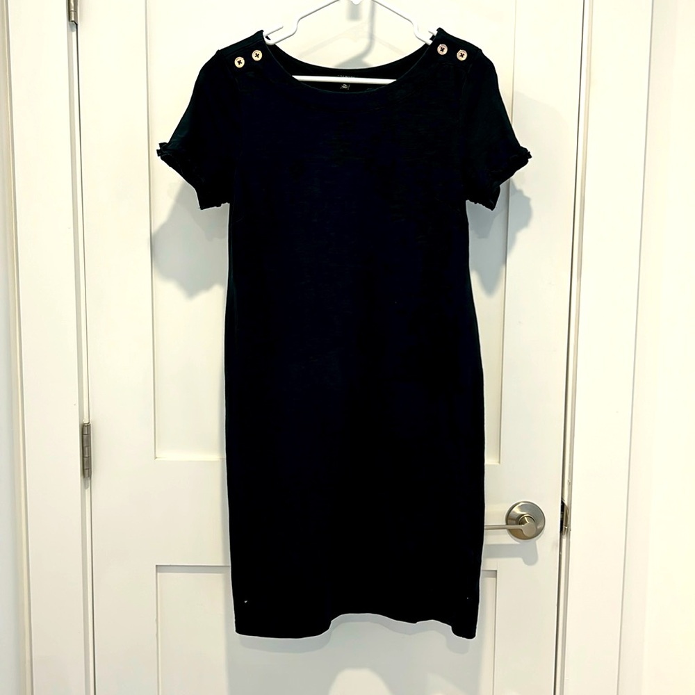 Talbots black short sleeve dress with ruffle sleeves and button detail